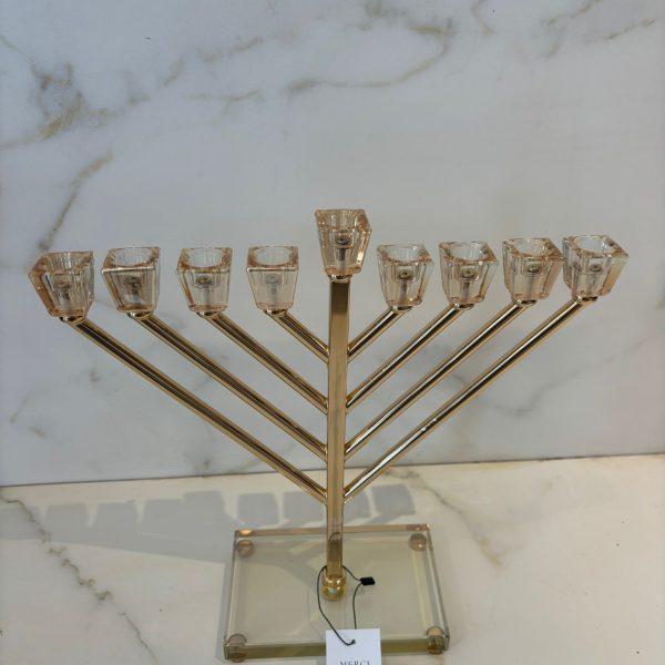 חנוכיה מהודרת זהב תחתית קריסטל עם קנים קריסטל בזהב