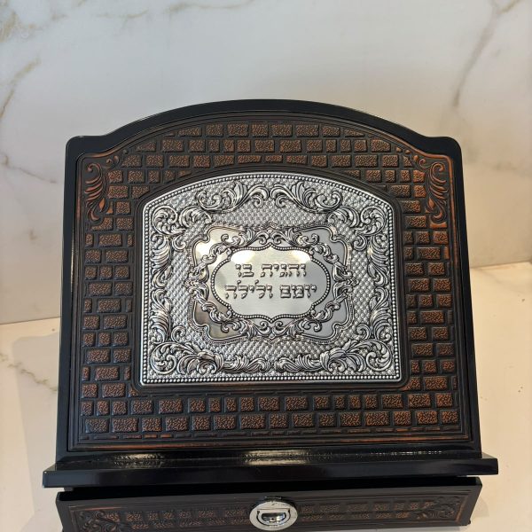 שטנדר מהודר דמוי עור חום ועץ שחור מבריק עם מגירה
